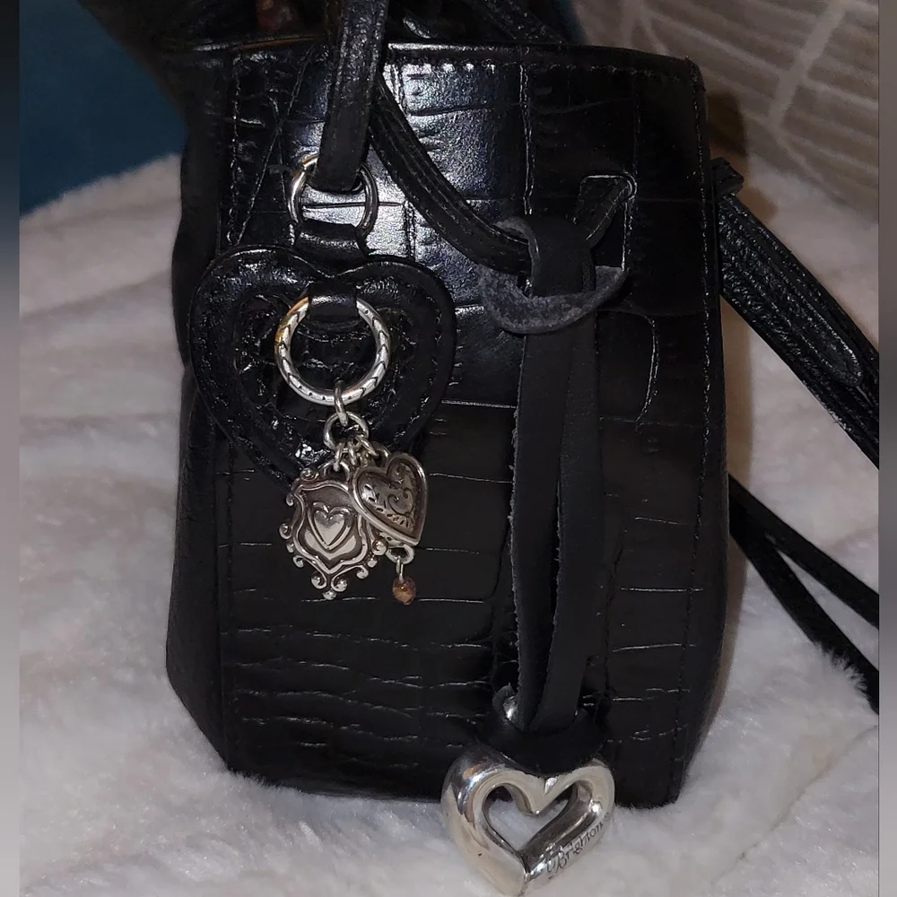 Brighton Handbag Black Leather Drawstring Bucket Bag Double Handle